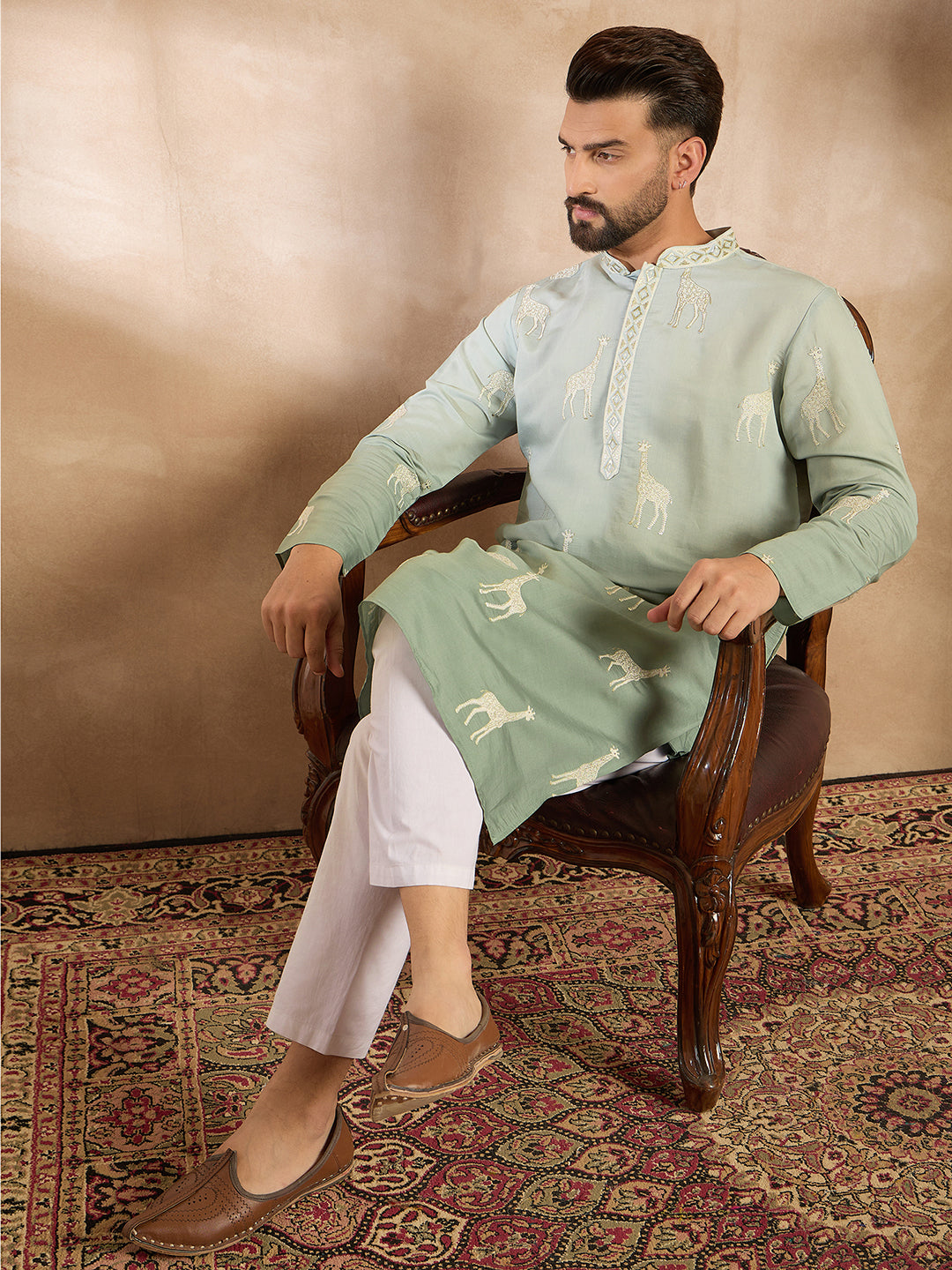 Ethnic Bay Men Blue Silk Blend Ombre Embroidered Straight Kurta