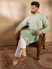 Ethnic Bay Men Blue Silk Blend Ombre Embroidered Straight Kurta-MKU1707