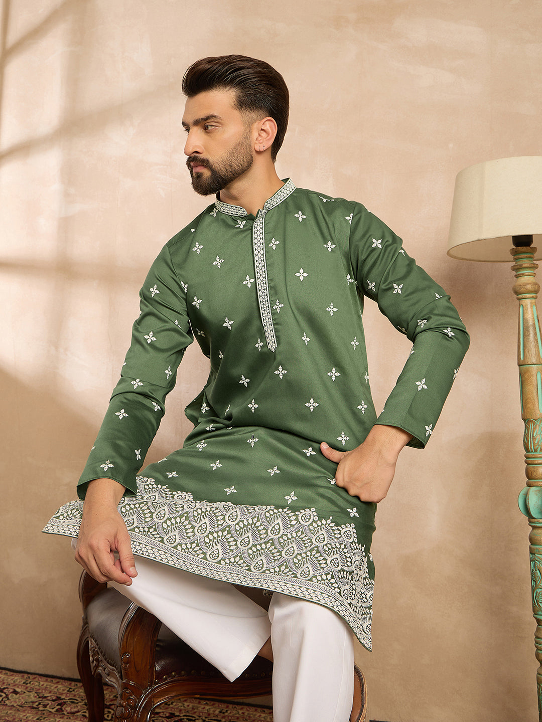 Ethnic Bay Men Green Silk Blend Solid Embroidered Straight Kurta