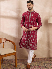 Ethnic Bay Men Maroon Silk Blend Solid Embroidered Straight Kurta-MKU1712