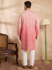 Ethnic Bay Men Pink Silk Blend Ombre Embroidered Straight Kurta-MKU1714