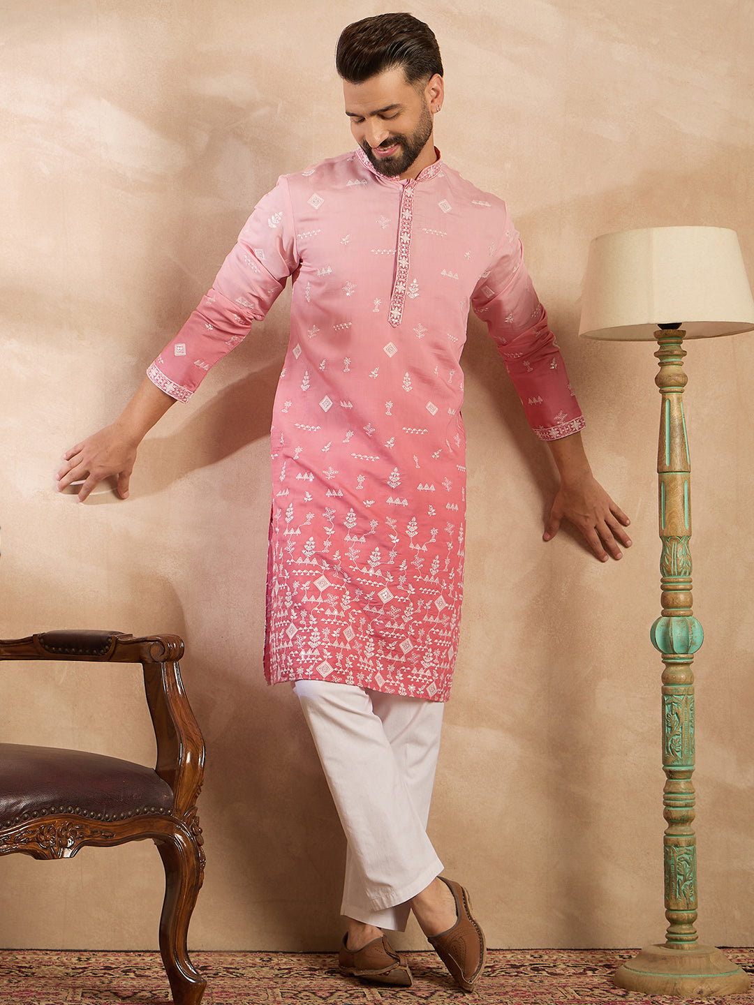 Ethnic Bay Men Pink Silk Blend Ombre Embroidered Straight Kurta