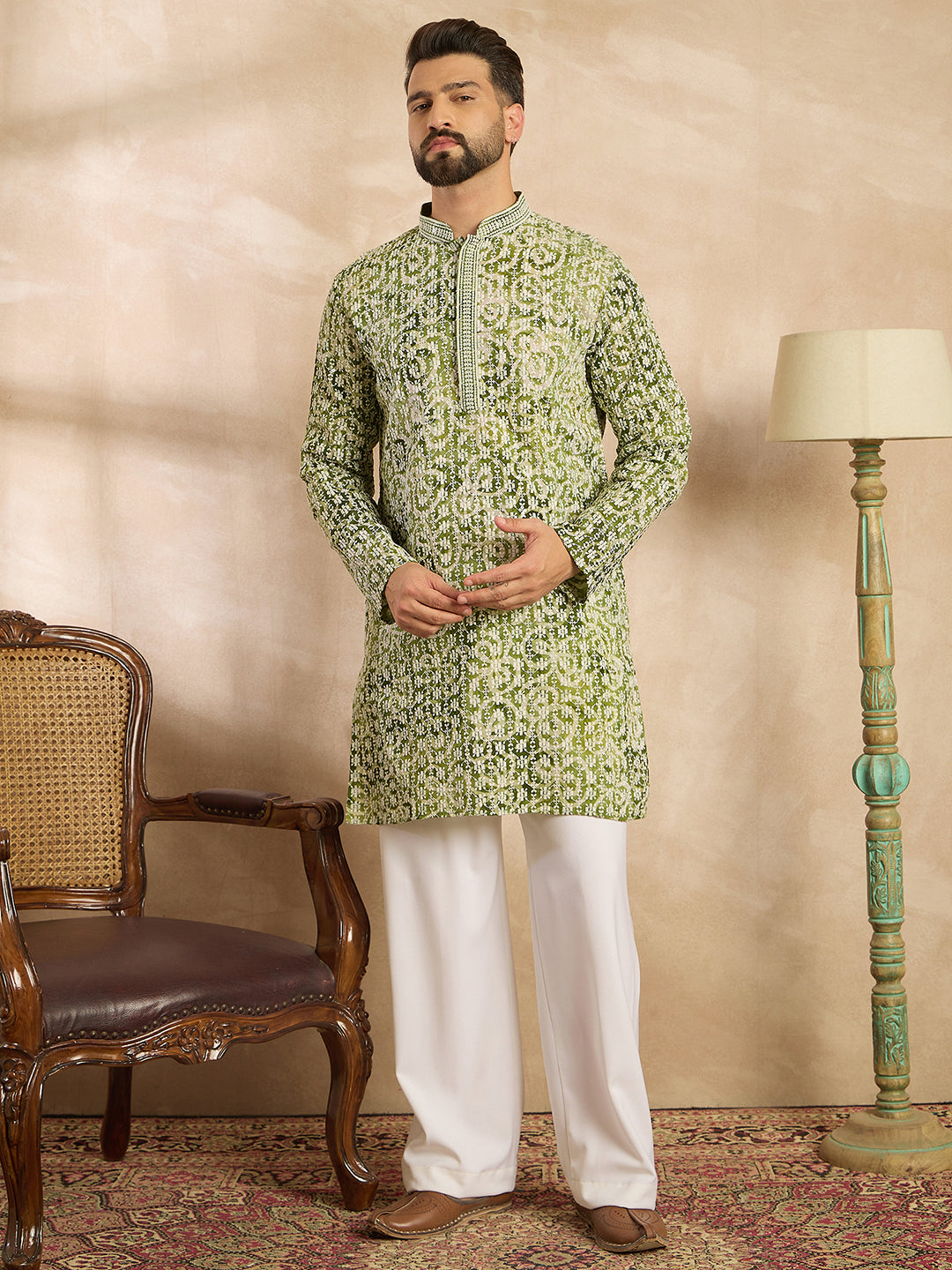 Ethnic Bay Men Green Viscose Rayon Batik Embroidered Straight Kurta