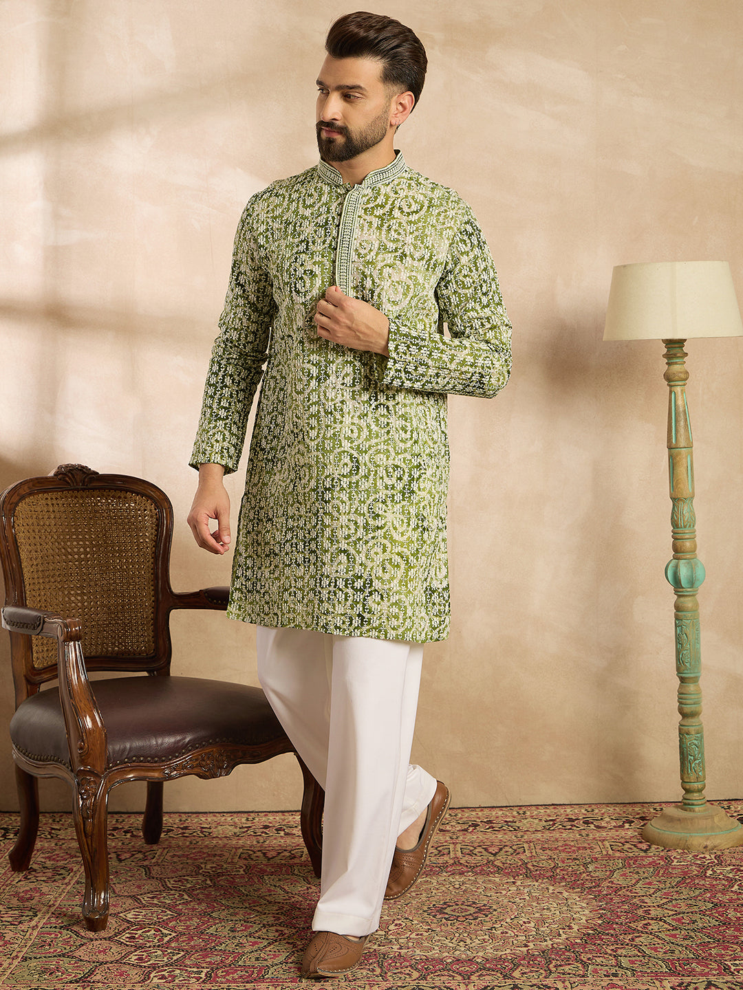 Ethnic Bay Men Green Viscose Rayon Batik Embroidered Straight Kurta