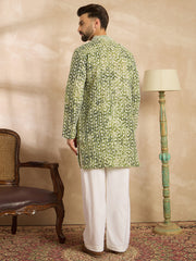 Ethnic Bay Men Green Viscose Rayon Batik Embroidered Straight Kurta-MKU1717