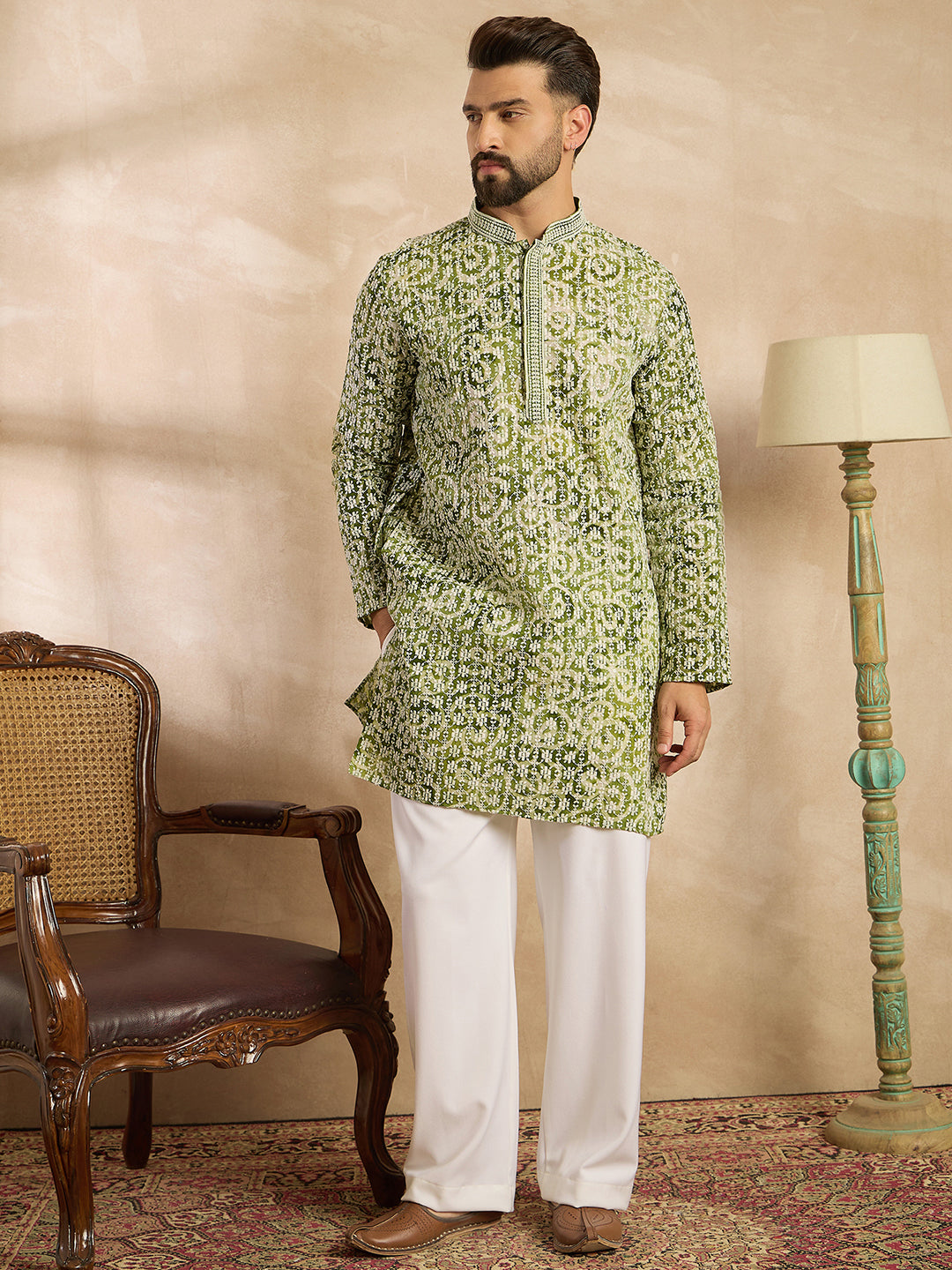 Ethnic Bay Men Green Viscose Rayon Batik Embroidered Straight Kurta