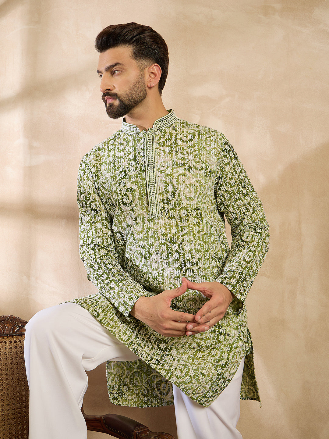 Ethnic Bay Men Green Viscose Rayon Batik Embroidered Straight Kurta