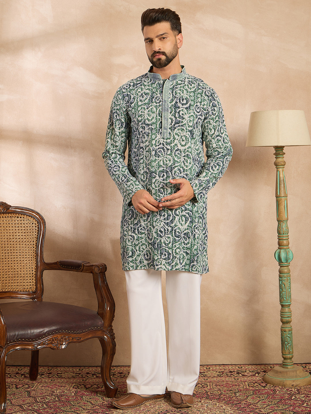 Ethnic Bay Men Green Viscose Rayon Batik Embroidered Straight Kurta
