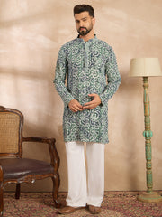 Ethnic Bay Men Green Viscose Rayon Batik Embroidered Straight Kurta-MKU1718