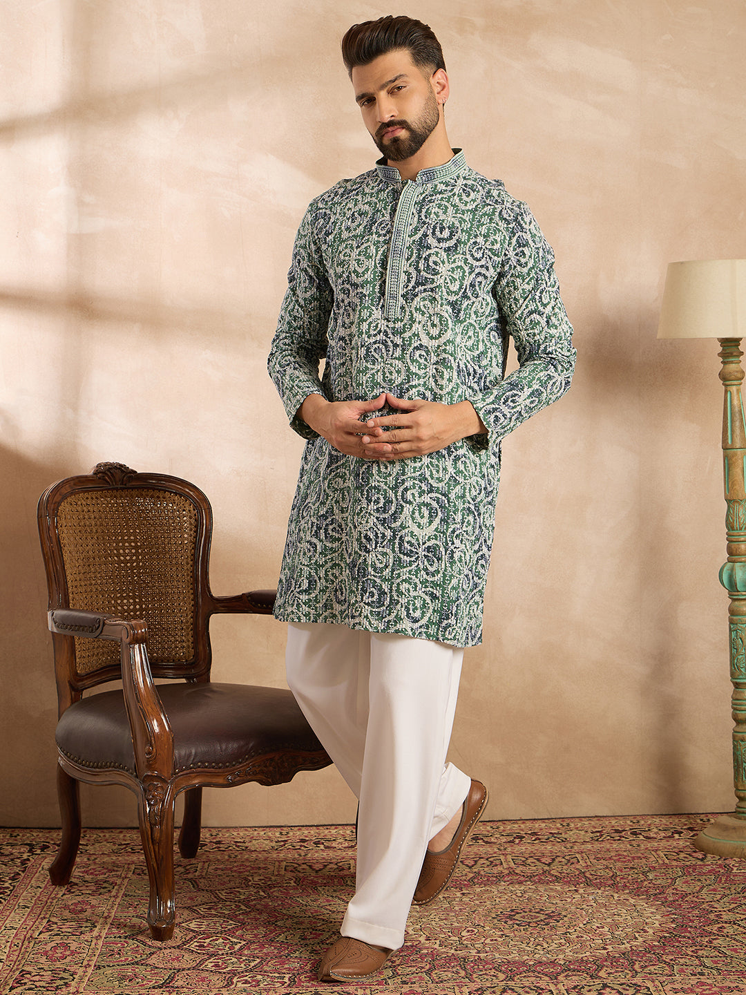 Ethnic Bay Men Green Viscose Rayon Batik Embroidered Straight Kurta