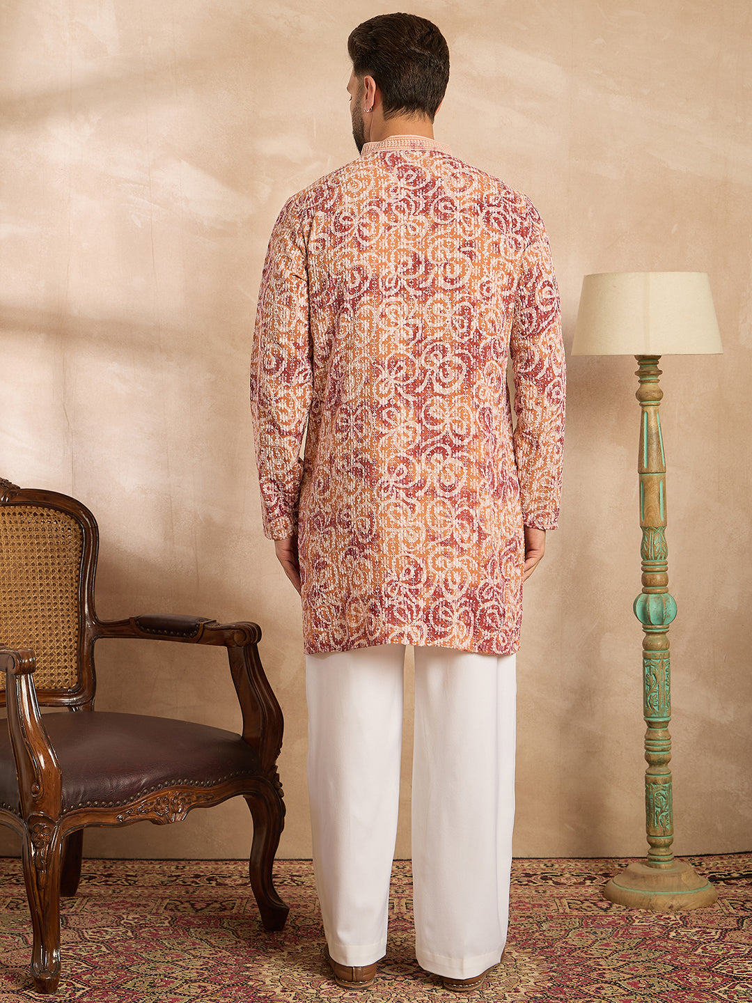Ethnic Bay Men Orange Viscose Rayon Batik Embroidered Straight Kurta