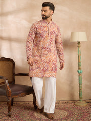 Ethnic Bay Men Orange Viscose Rayon Batik Embroidered Straight Kurta-MKU1719