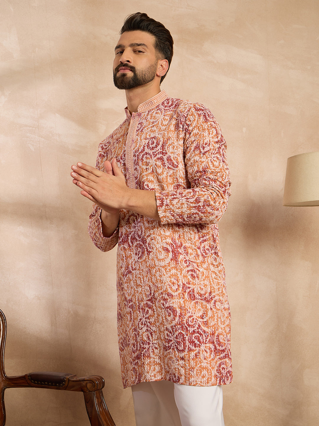 Ethnic Bay Men Orange Viscose Rayon Batik Embroidered Straight Kurta