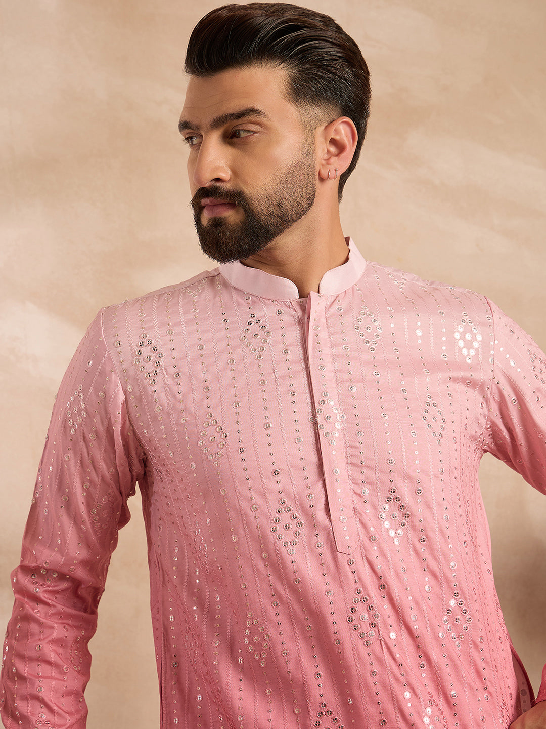 Ethnic Bay Men Pink Silk Blend Ombre Embroidered Straight Kurta