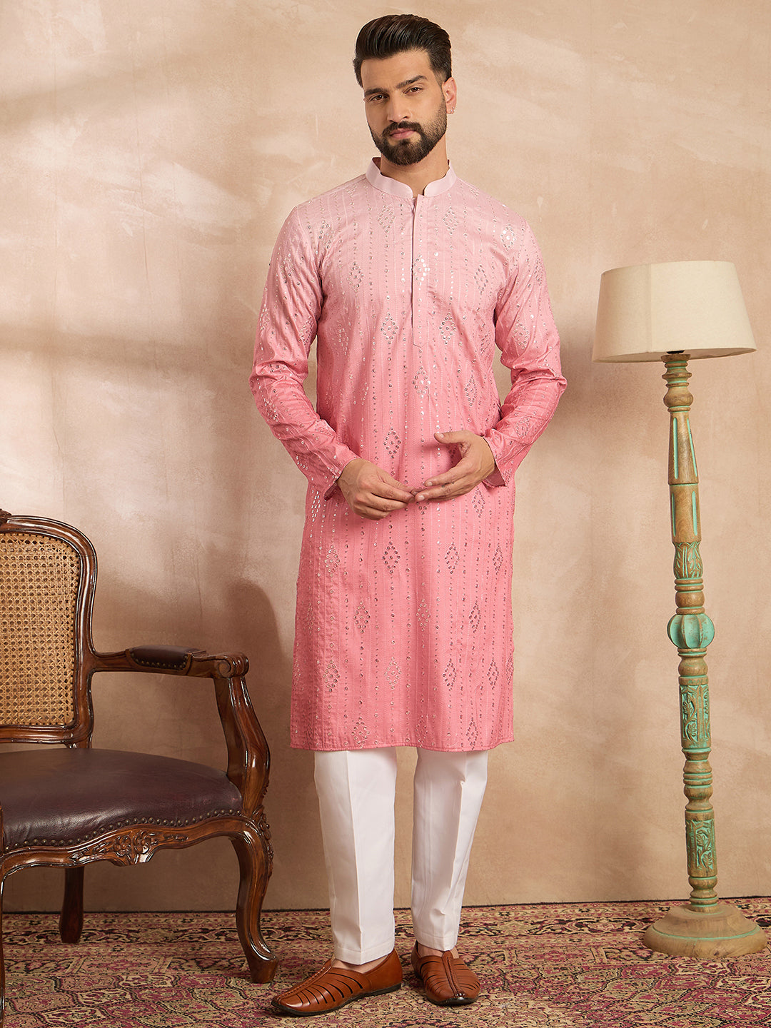 Ethnic Bay Men Pink Silk Blend Ombre Embroidered Straight Kurta