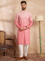 Ethnic Bay Men Pink Silk Blend Ombre Embroidered Straight Kurta-MKU1720