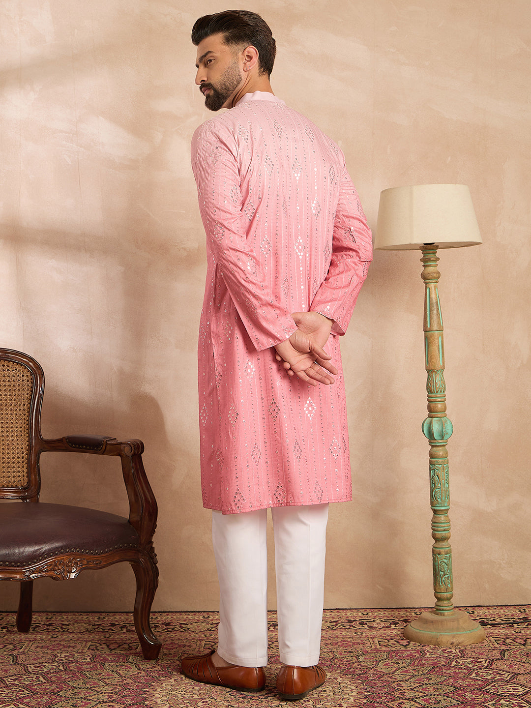 Ethnic Bay Men Pink Silk Blend Ombre Embroidered Straight Kurta