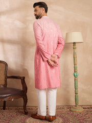 Ethnic Bay Men Pink Silk Blend Ombre Embroidered Straight Kurta-MKU1720