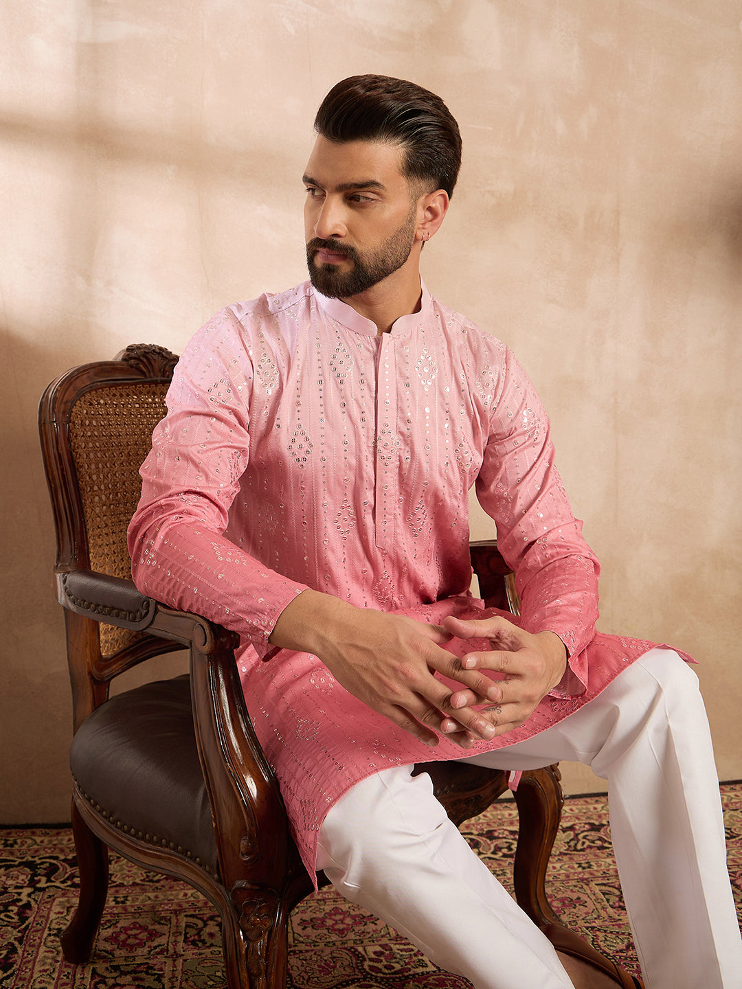 Ethnic Bay Men Pink Silk Blend Ombre Embroidered Straight Kurta