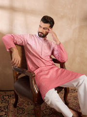Ethnic Bay Men Pink Silk Blend Ombre Embroidered Straight Kurta-MKU1720