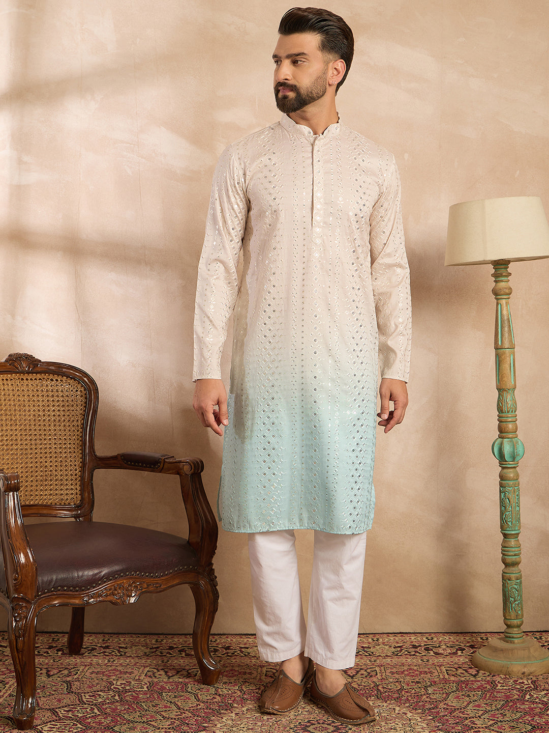 Ethnic Bay Men Blue Silk Blend Ombre Embroidered Straight Kurta Sets
