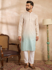 Ethnic Bay Men Blue Silk Blend Ombre Embroidered Straight Kurta Sets-MKSET1721