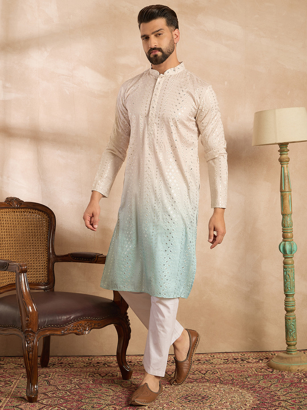 Ethnic Bay Men Blue Silk Blend Ombre Embroidered Straight Kurta Sets