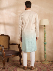 Ethnic Bay Men Blue Silk Blend Ombre Embroidered Straight Kurta Sets-MKSET1721