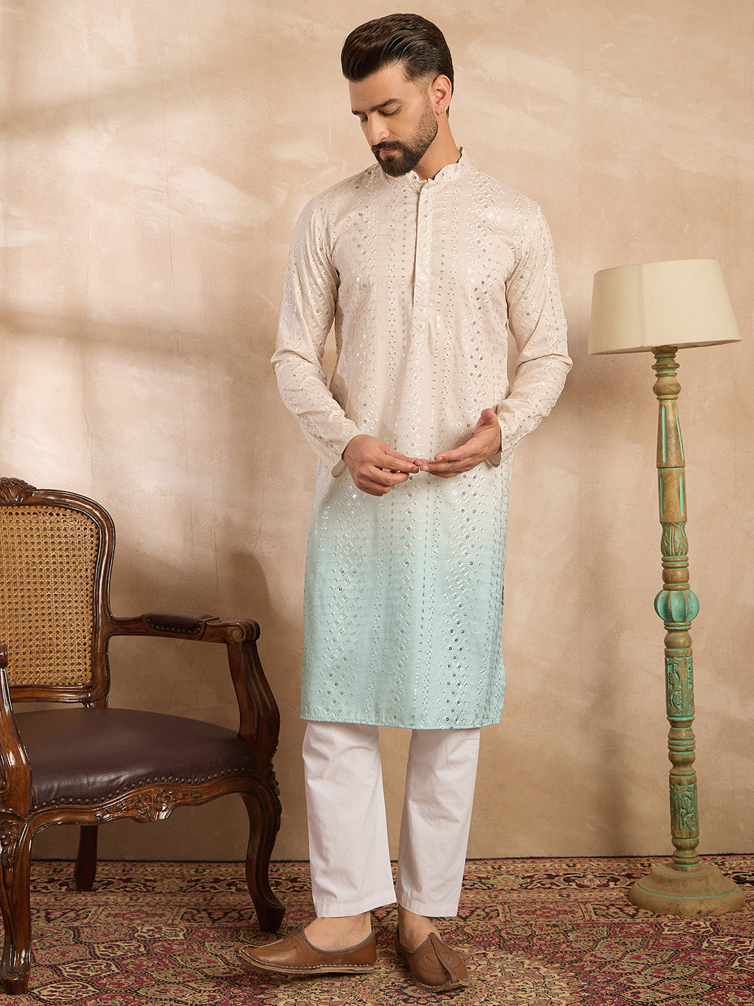 Ethnic Bay Men Blue Silk Blend Ombre Embroidered Straight Kurta Sets