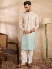 Ethnic Bay Men Blue Silk Blend Ombre Embroidered Straight Kurta-MKU1721