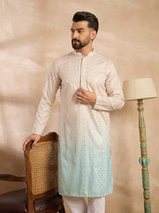 Ethnic Bay Men Blue Silk Blend Ombre Embroidered Straight Kurta-MKU1721