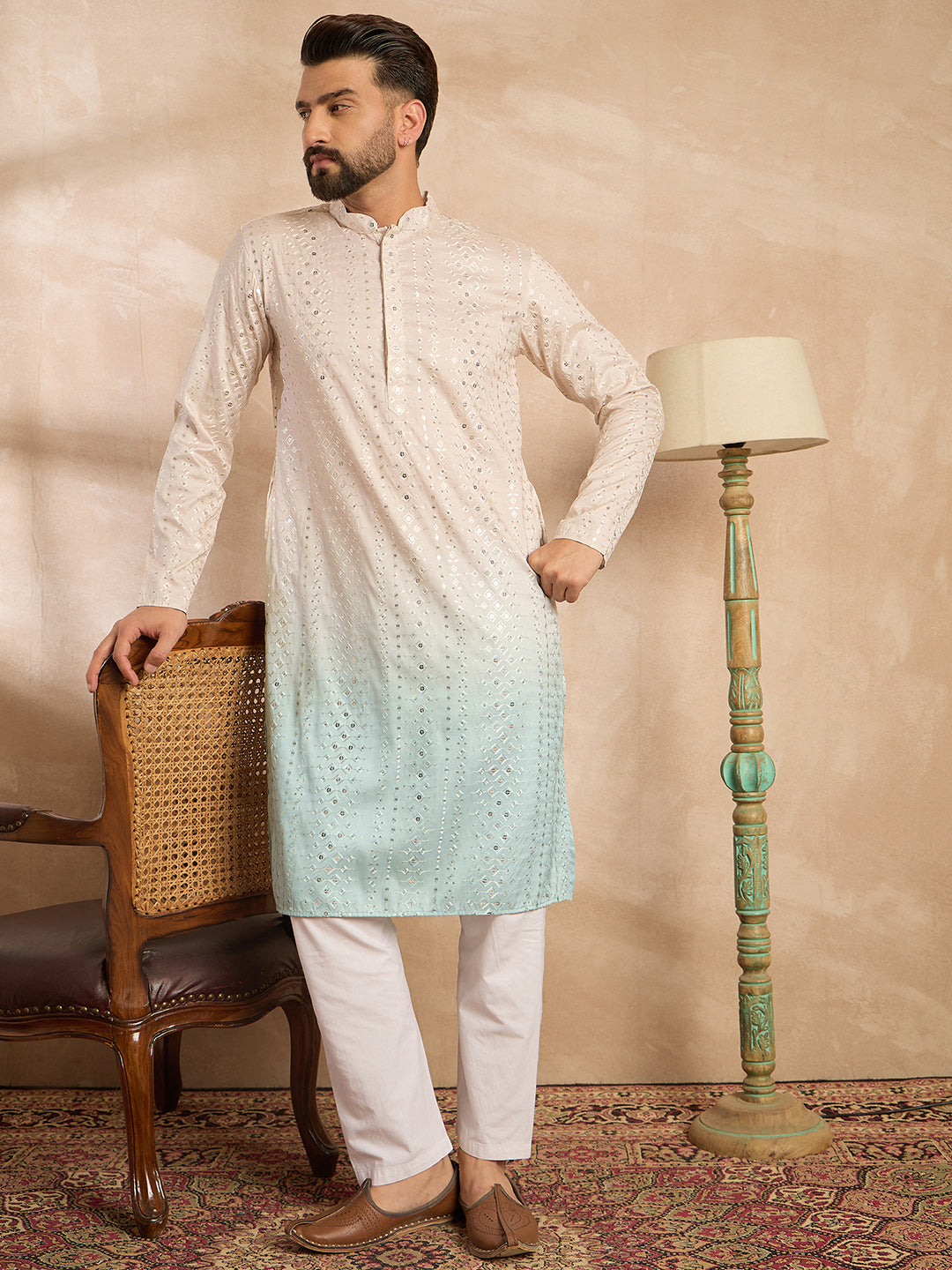 Ethnic Bay Men Blue Silk Blend Ombre Embroidered Straight Kurta