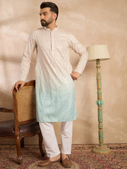 Ethnic Bay Men Blue Silk Blend Ombre Embroidered Straight Kurta Sets-MKSET1721