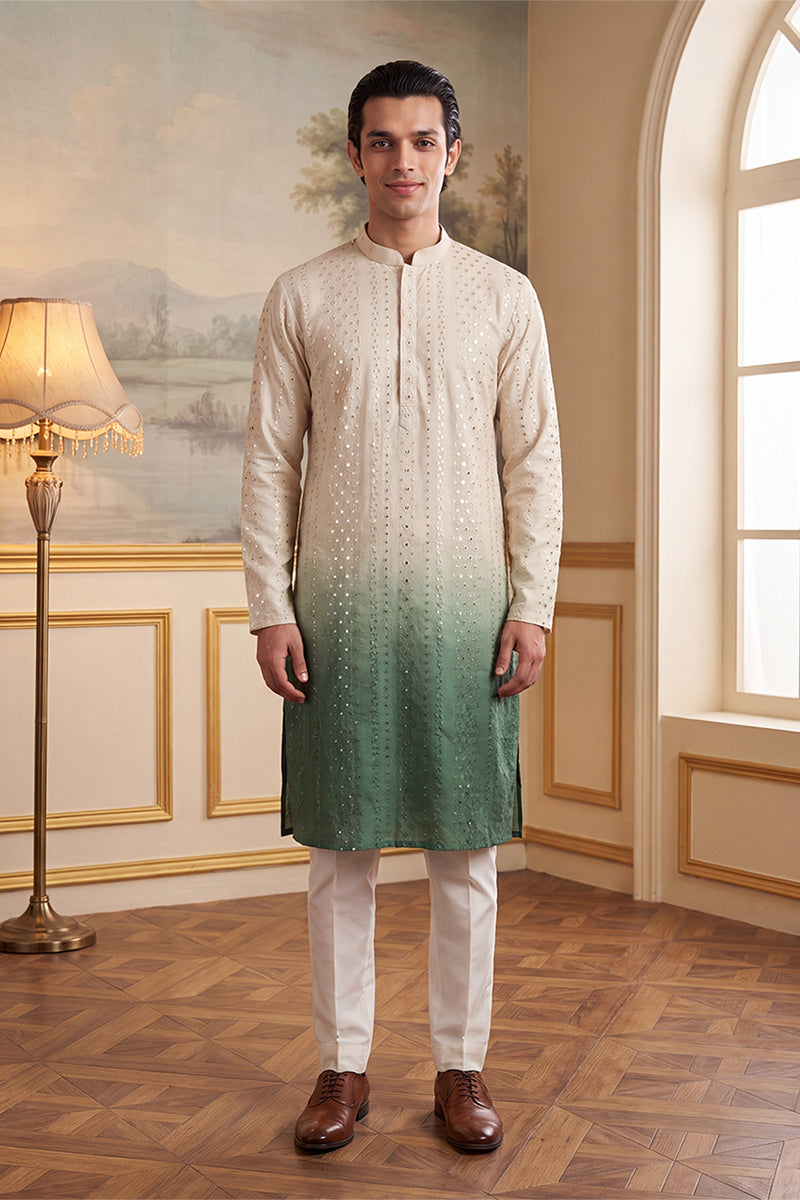 Green Silk Blend Solid Embroidered Kurta MKU1722