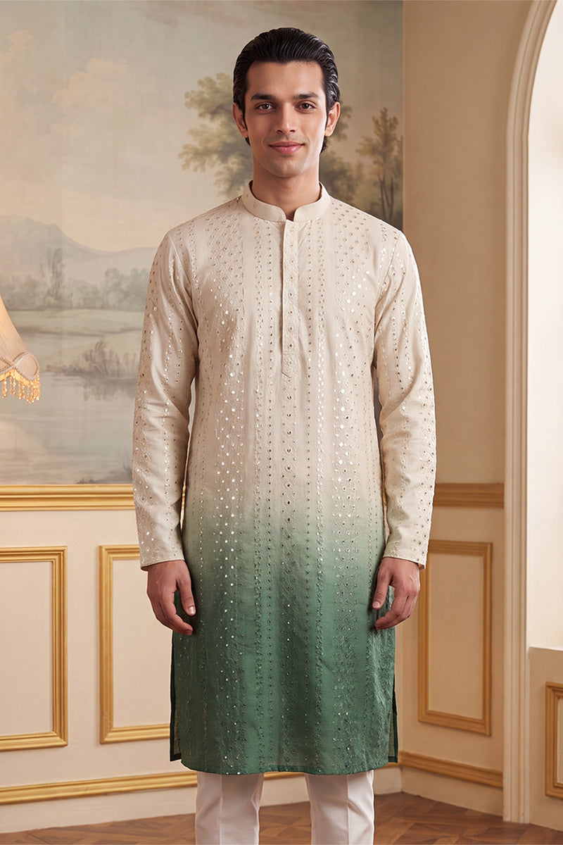 Green Silk Blend Solid Embroidered Kurta MKU1722