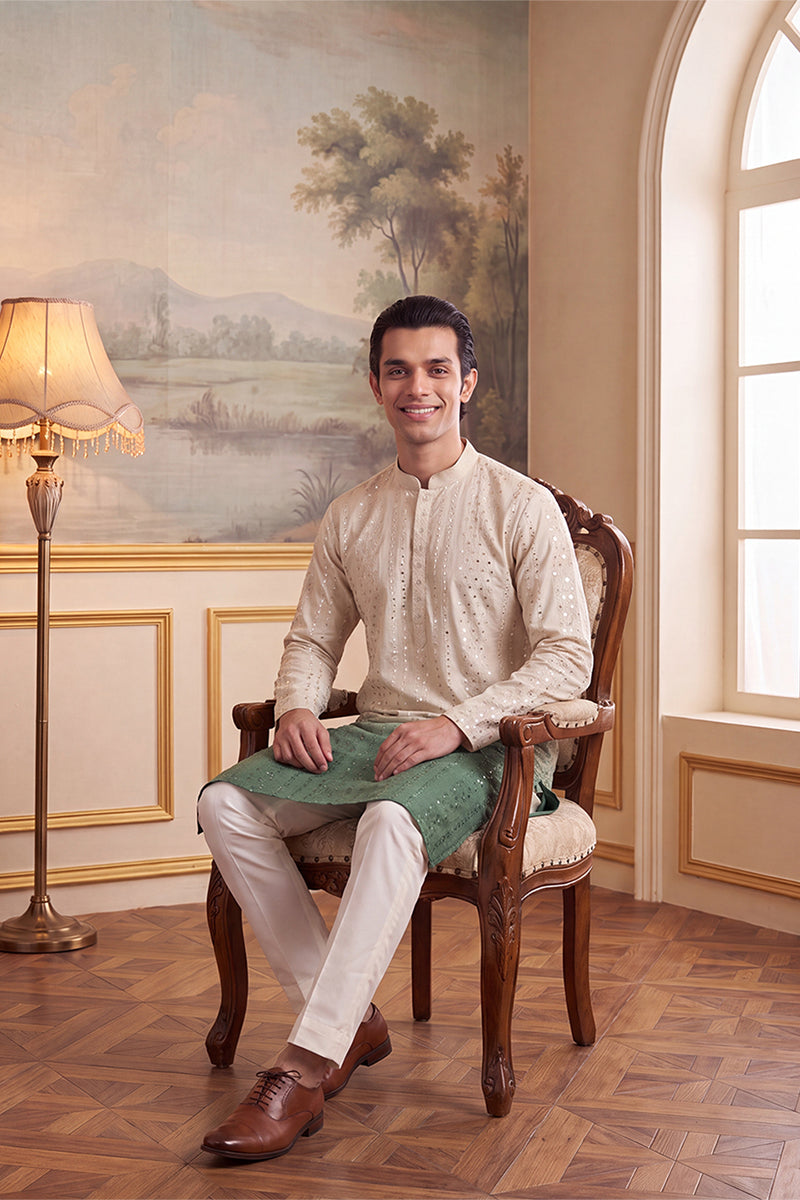 Green Silk Blend Solid Embroidered Kurta MKU1722