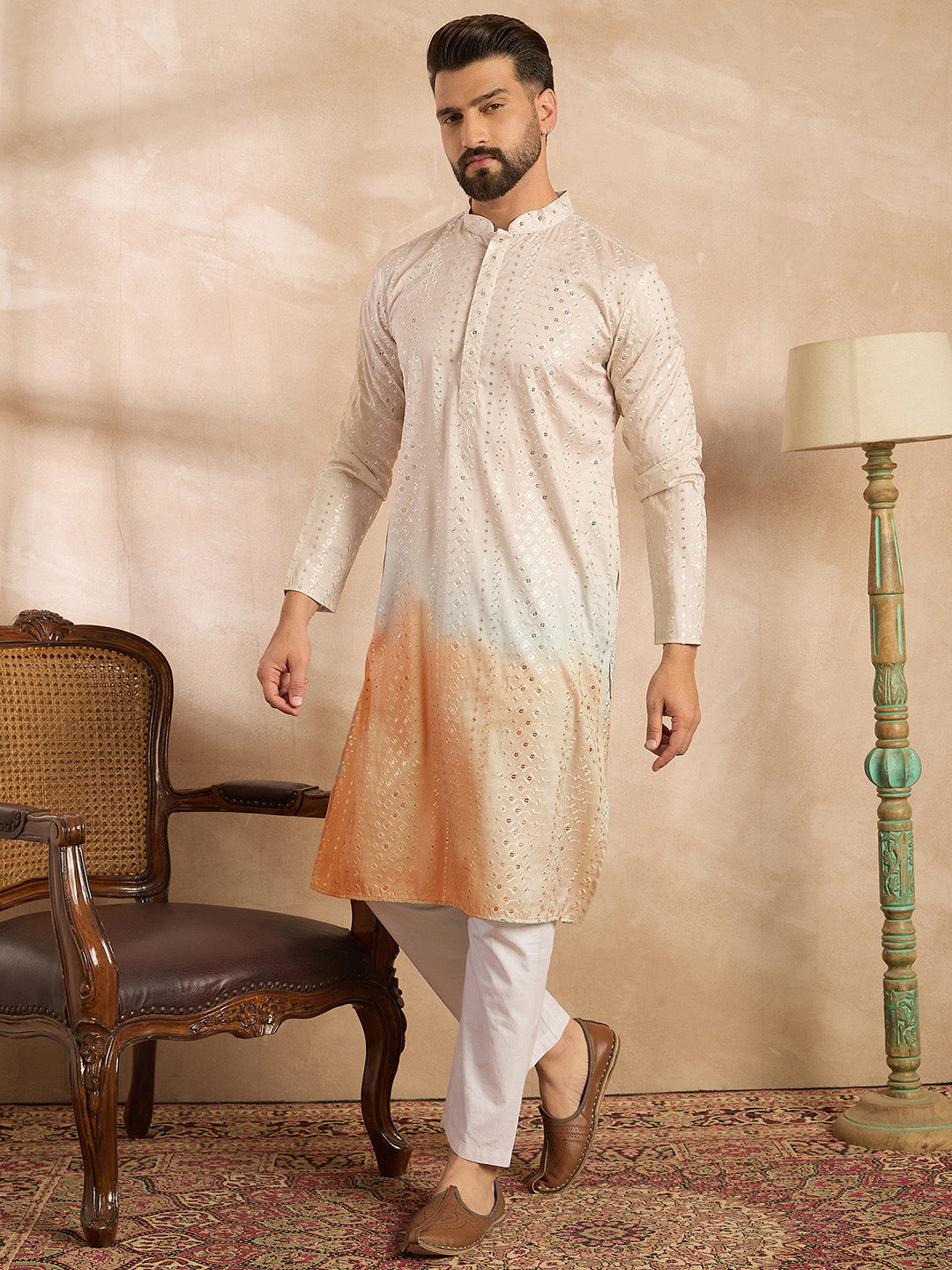 Ethnic Bay Men Peach Silk Blend Ombre Embroidered Straight Kurta
