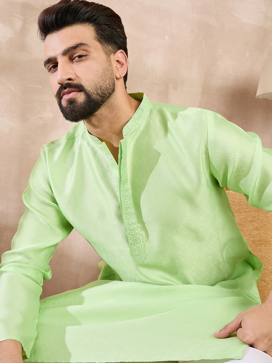 Ethnic Bay Men Green Silk Blend Solid Embroidered Straight Kurta