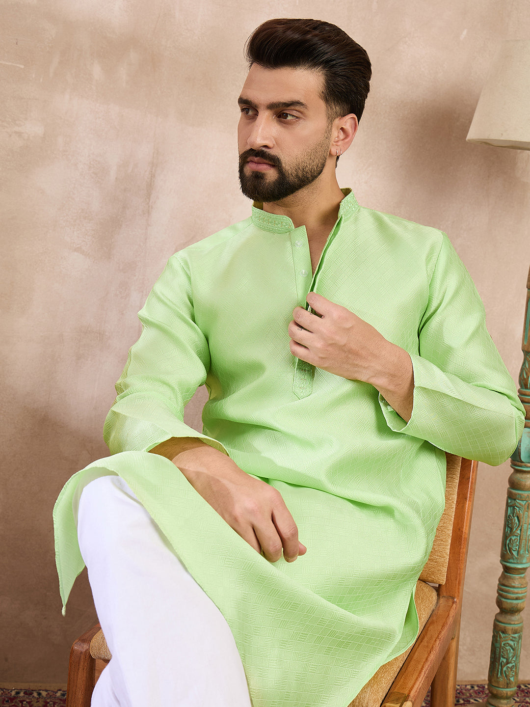 Ethnic Bay Men Green Silk Blend Solid Embroidered Straight Kurta