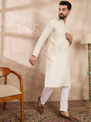 Ethnic Bay Men Off White Silk Blend Solid Embroidered Straight Kurta-MKU1728