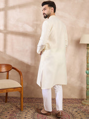 Ethnic Bay Men Off White Silk Blend Solid Embroidered Straight Kurta-MKU1728