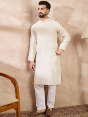 Ethnic Bay Men Off White Silk Blend Solid Embroidered Straight Kurta-MKU1728