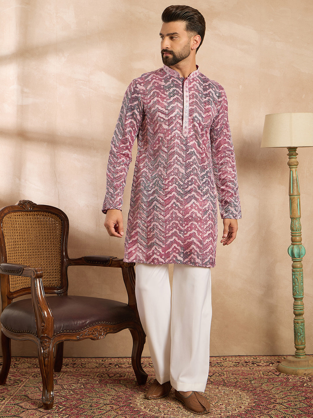 Ethnic Bay Men Maroon Silk Blend Solid Embroidered Straight Kurta