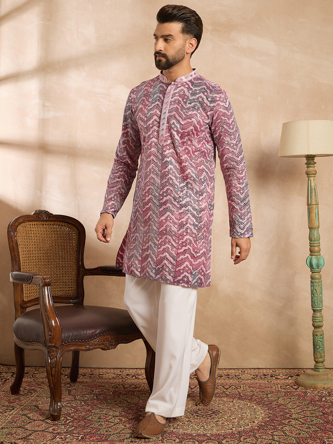 Ethnic Bay Men Maroon Silk Blend Solid Embroidered Straight Kurta