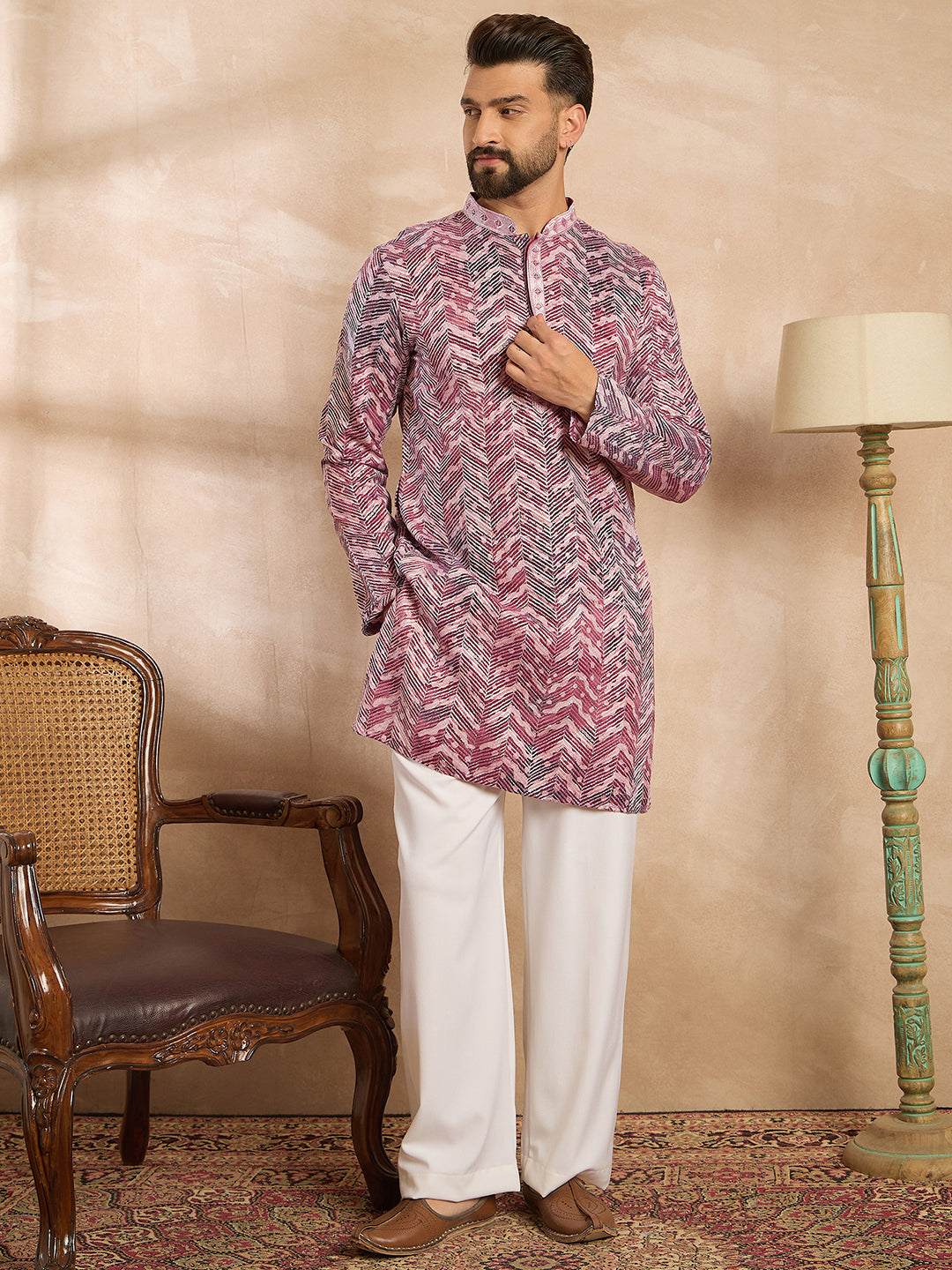 Ethnic Bay Men Maroon Silk Blend Solid Embroidered Straight Kurta