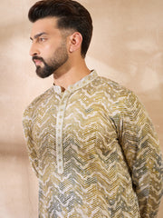 Ethnic Bay Men Green Silk Blend Solid Embroidered Straight Kurta-MKU1730