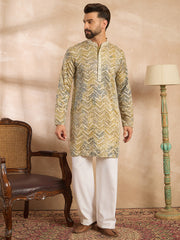 Ethnic Bay Men Green Silk Blend Solid Embroidered Straight Kurta-MKU1730