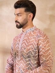 Ethnic Bay Men Orange Silk Blend Solid Embroidered Straight Kurta-MKU1731