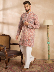 Ethnic Bay Men Orange Silk Blend Solid Embroidered Straight Kurta-MKU1731