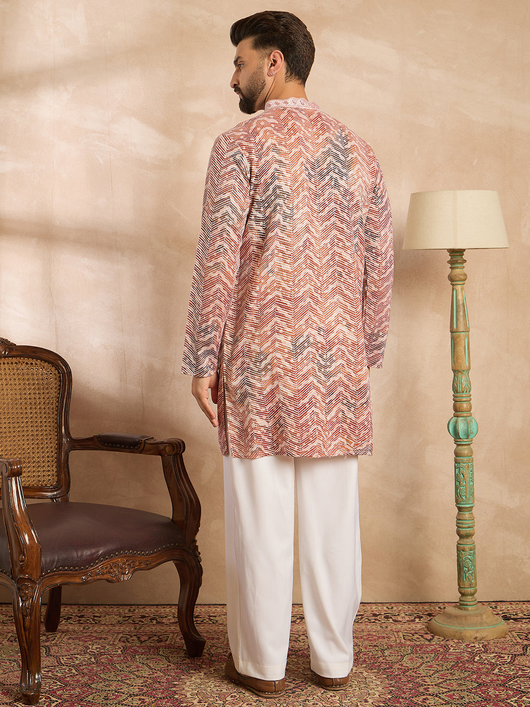 Ethnic Bay Men Orange Silk Blend Solid Embroidered Straight Kurta